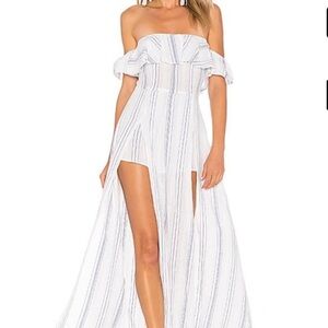 Revolve Strapless White and Blue romper Dress